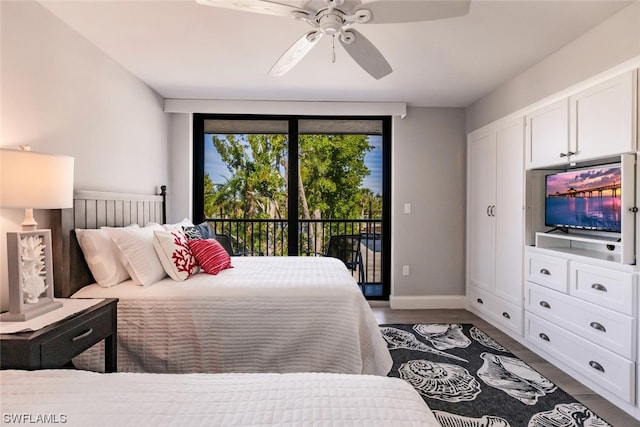 bedroom featuring access to exterior and ceiling fan