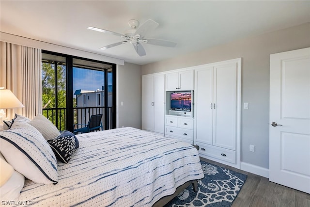 bedroom featuring access to exterior, ceiling fan, and dark hardwood / wood-style flooring