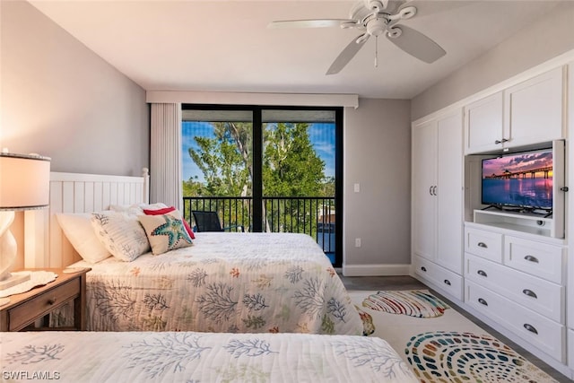 bedroom with ceiling fan and access to outside