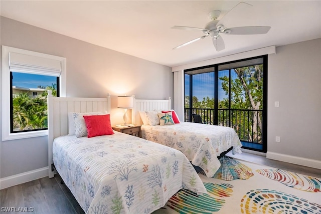 bedroom with ceiling fan, access to exterior, and dark hardwood / wood-style flooring