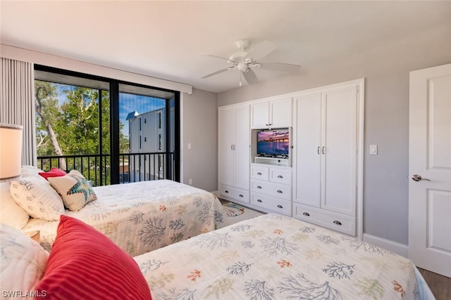 bedroom with ceiling fan and access to exterior