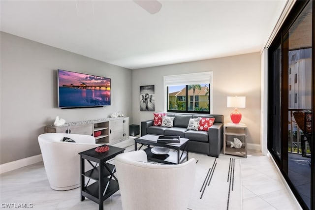 living room with light tile floors