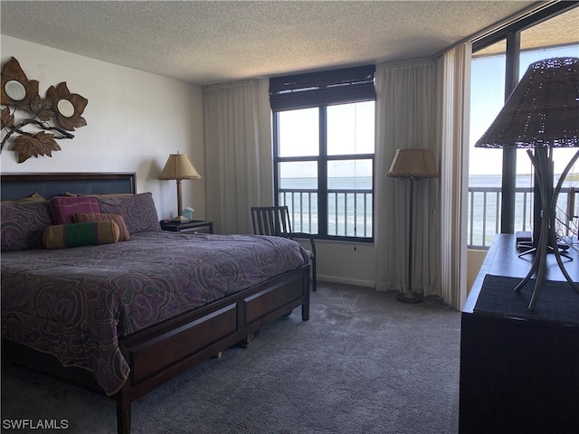 carpeted bedroom with a water view and a textured ceiling