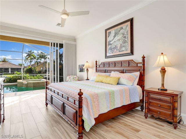 bedroom with access to outside, ornamental molding, ceiling fan, and light hardwood / wood-style flooring