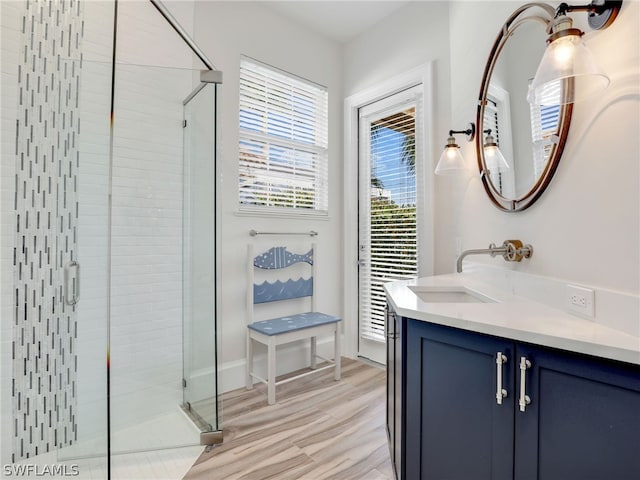 bathroom featuring wood-type flooring, walk in shower, and vanity