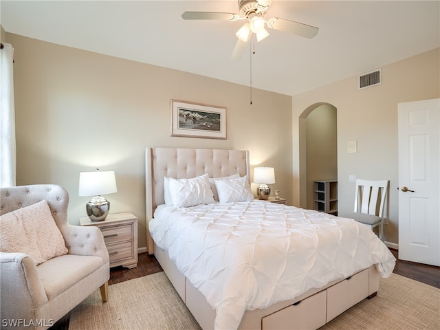 bedroom featuring ceiling fan and light hardwood / wood-style flooring