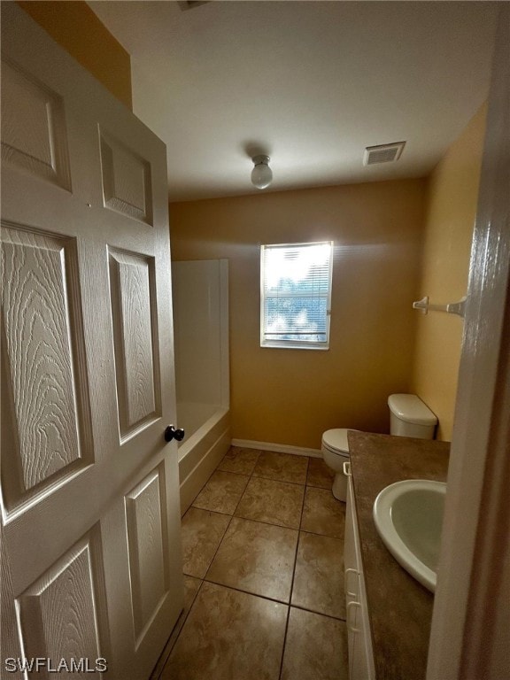 full bathroom featuring toilet, shower / bathtub combination, vanity, and tile flooring