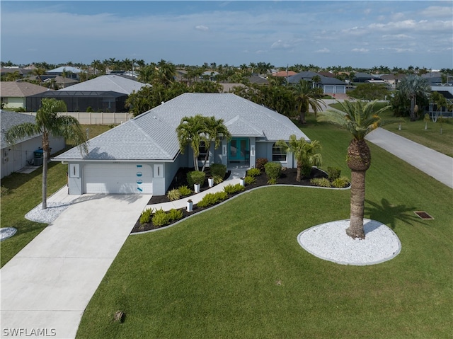 view of front of house with a garage and a front lawn