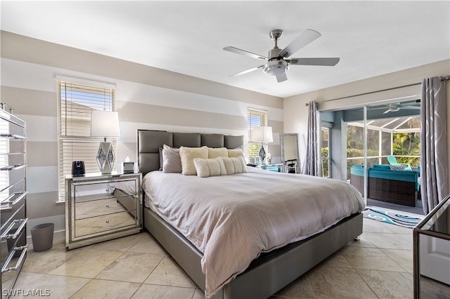 tiled bedroom with ceiling fan and access to outside