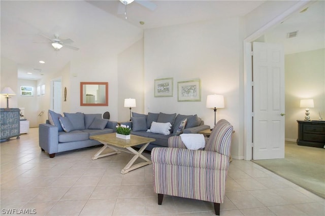 4690 Hawks Nest Way Unit E-204, Naples, FL 34114 - living room with ceiling fan, light tile patterned floors, recessed lighting, and high vaulted ceiling