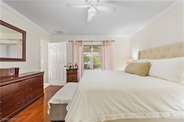 bedroom featuring crown molding, ceiling fan, access to outside, and hardwood / wood-style flooring