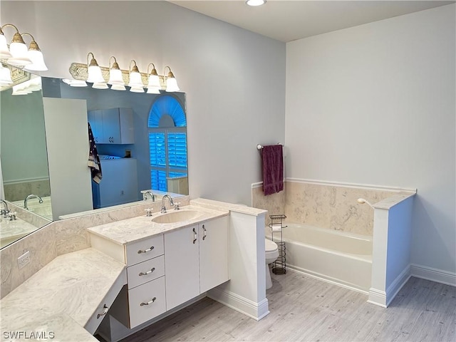 bathroom with toilet, vanity, wood finished floors, baseboards, and a bath