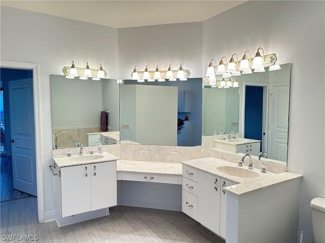 full bathroom featuring wood finished floors, two vanities, and a sink