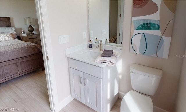 bathroom featuring toilet, large vanity, and hardwood / wood-style flooring