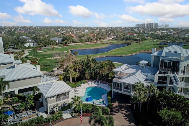 birds eye view of property featuring a water view