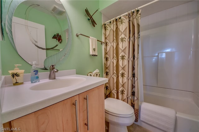 full bathroom featuring toilet, shower / bath combo, and vanity