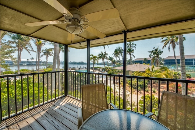 exterior space with ceiling fan and a water view