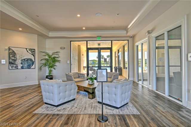 living room with a raised ceiling, dark wood-type flooring, and french doors