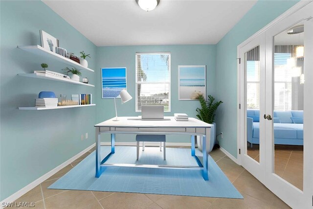 tiled home office with french doors and a healthy amount of sunlight