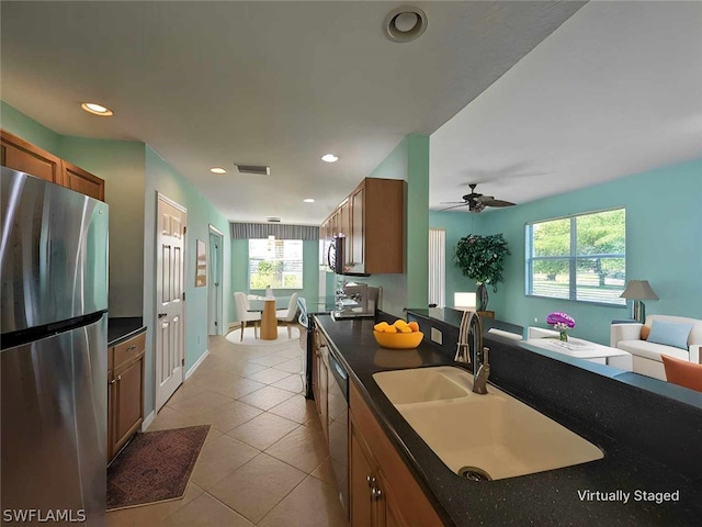 kitchen with ceiling fan, appliances with stainless steel finishes, plenty of natural light, and sink