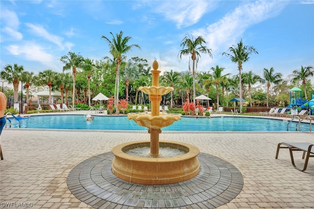 view of swimming pool with a patio