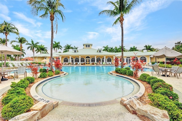 view of swimming pool featuring a patio