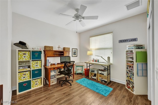 office space with hardwood / wood-style flooring and ceiling fan