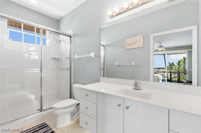 bathroom featuring tile patterned floors, walk in shower, vanity, ceiling fan, and toilet