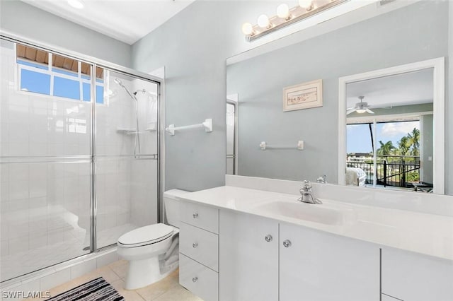 bathroom featuring vanity, a stall shower, tile patterned flooring, and toilet