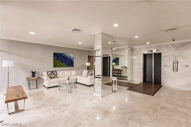 living room featuring ornamental molding, light tile floors, and elevator