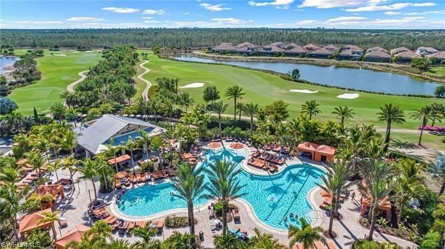 bird's eye view with a water view