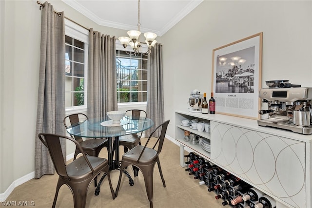 dining room with ornamental molding, a notable chandelier, and light tile floors