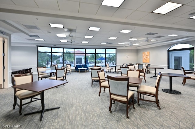 dining room featuring light carpet, plenty of natural light, ceiling fan, and a drop ceiling