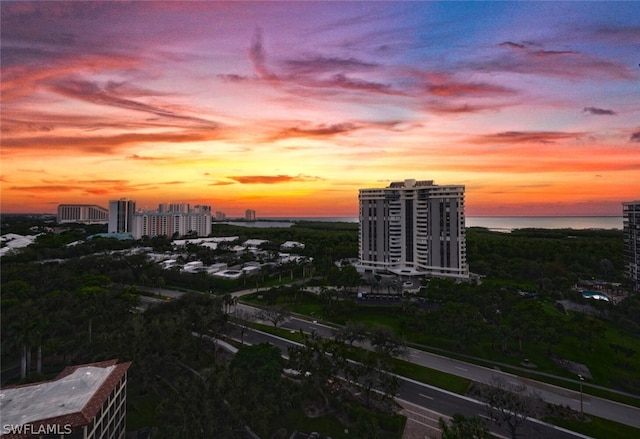 aerial view at dusk with a water view