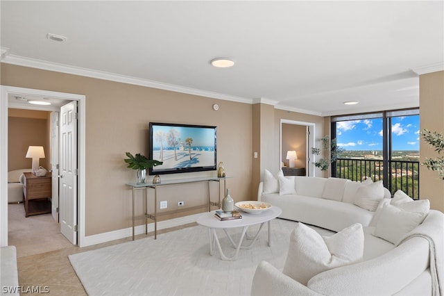 tiled living room with ornamental molding