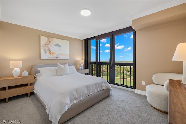 bedroom featuring ornamental molding, floor to ceiling windows, access to exterior, and light colored carpet