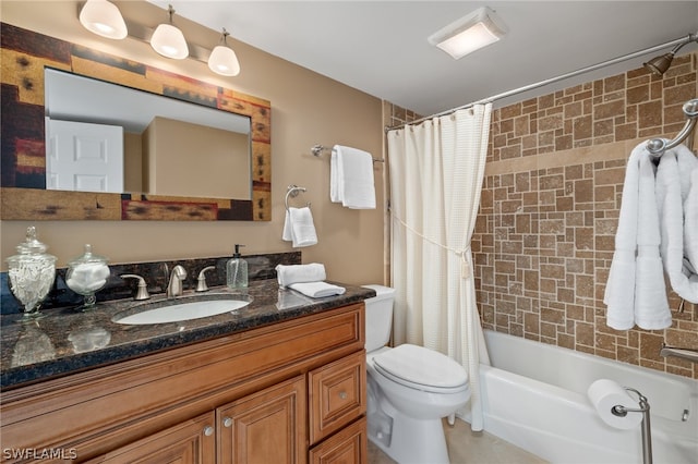 full bathroom with toilet, vanity, and shower / bathtub combination with curtain