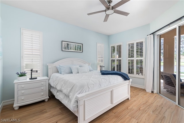 bedroom with ceiling fan, access to outside, and light hardwood / wood-style floors