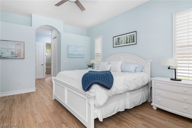 bedroom featuring ceiling fan and light hardwood / wood-style floors