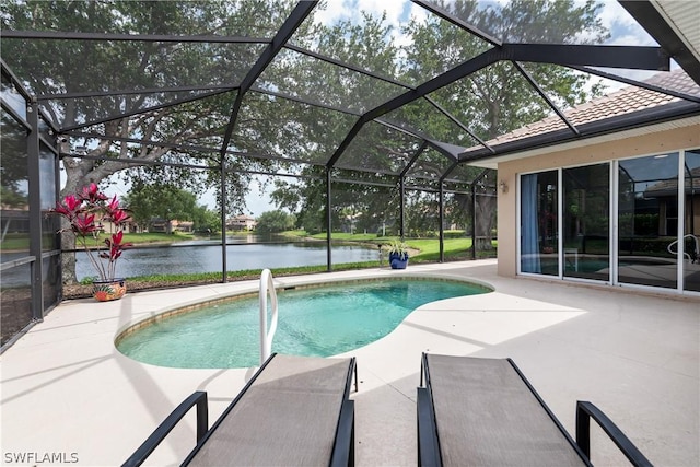 view of pool featuring a water view, glass enclosure, and a patio