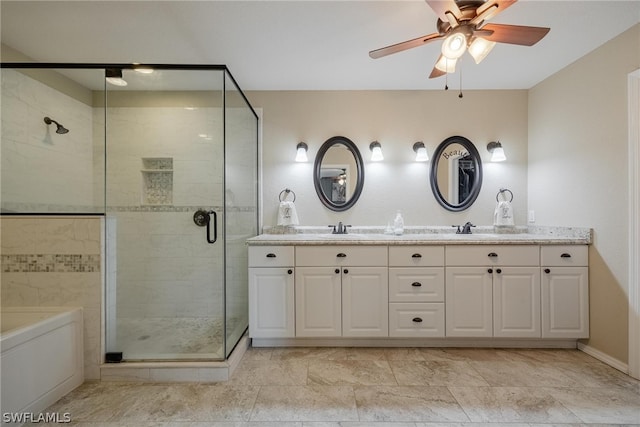 bathroom with tile floors, double vanity, independent shower and bath, and ceiling fan