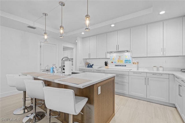 kitchen featuring white cabinets, a center island with sink, a tray ceiling, and sink