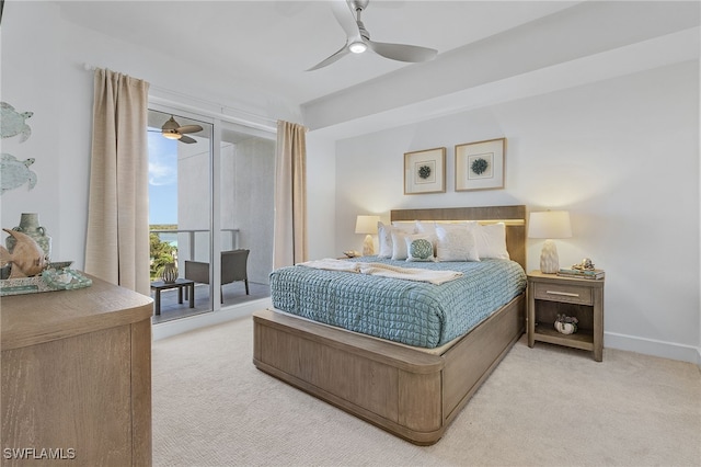 bedroom featuring ceiling fan and light colored carpet