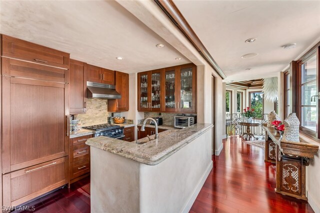 kitchen featuring light stone countertops, backsplash, sink, dark hardwood / wood-style floors, and stainless steel range with gas cooktop