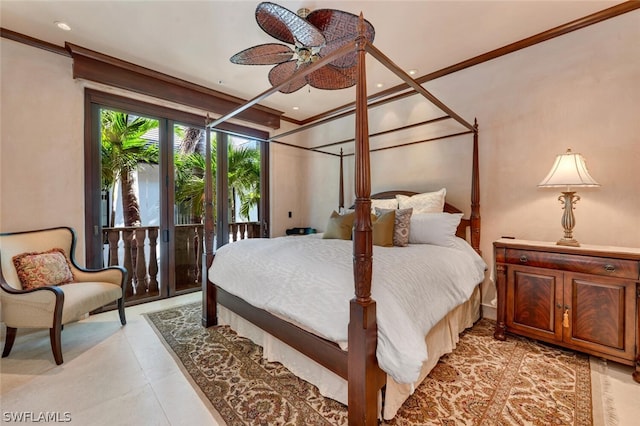 tiled bedroom featuring access to exterior, ceiling fan, and crown molding