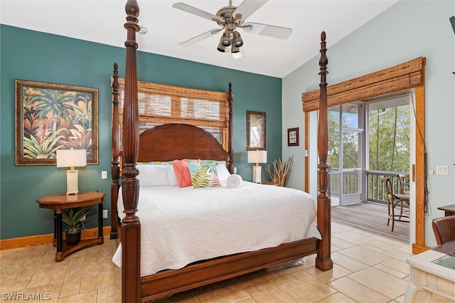 bedroom featuring access to exterior, ceiling fan, lofted ceiling, and light tile patterned flooring