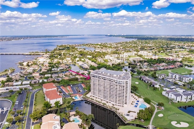 drone / aerial view featuring a water view