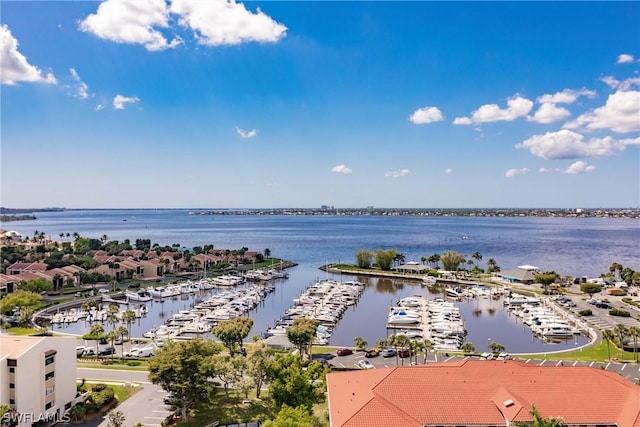 aerial view featuring a water view