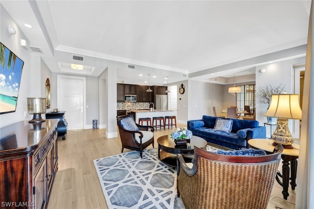 living room featuring a raised ceiling, light hardwood / wood-style flooring, and sink