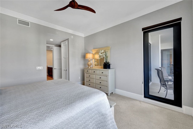 bedroom featuring ceiling fan and light colored carpet